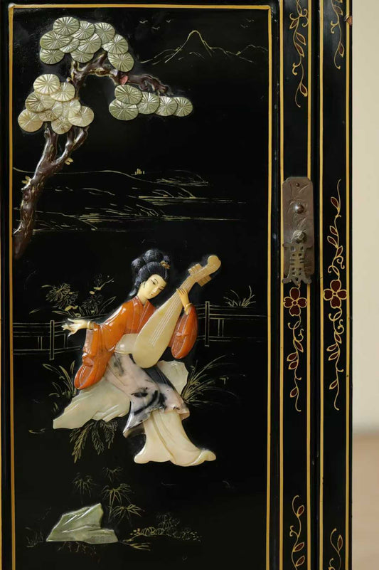 Oriental Elegance | Pipa Melody Handcrafted Lacquer Side Cabinet with Inlaid Treasures