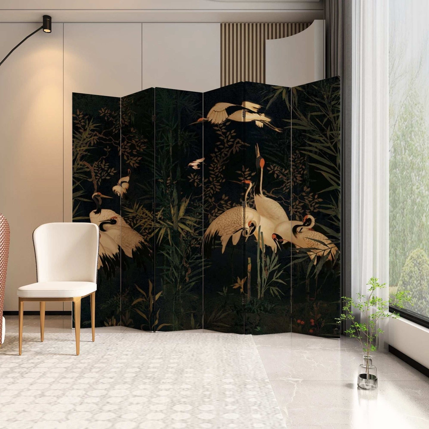 Chinese Vintage Black Crane Folding Screen Divider