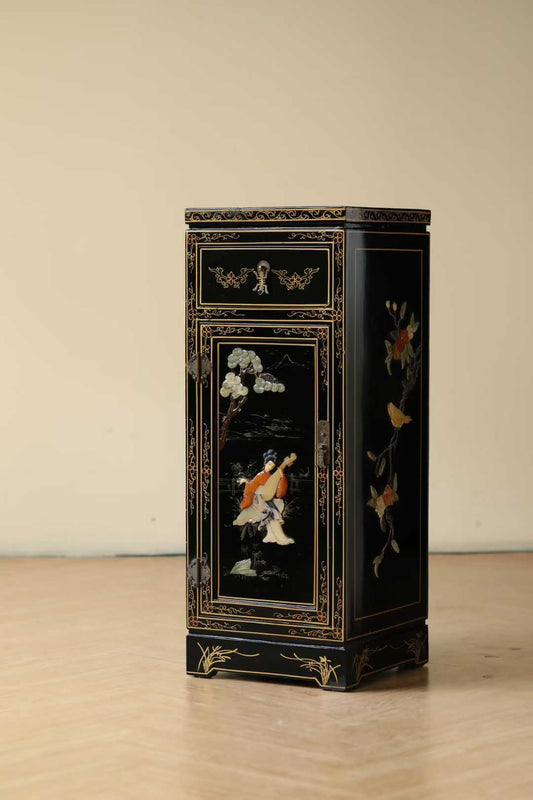 Oriental Elegance | Pipa Melody Handcrafted Lacquer Side Cabinet with Inlaid Treasures