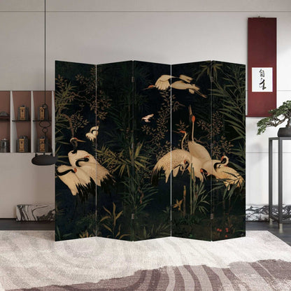 Chinese Vintage Black Crane Folding Screen Divider