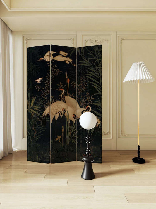 Chinese Vintage Black Crane Folding Screen Divider